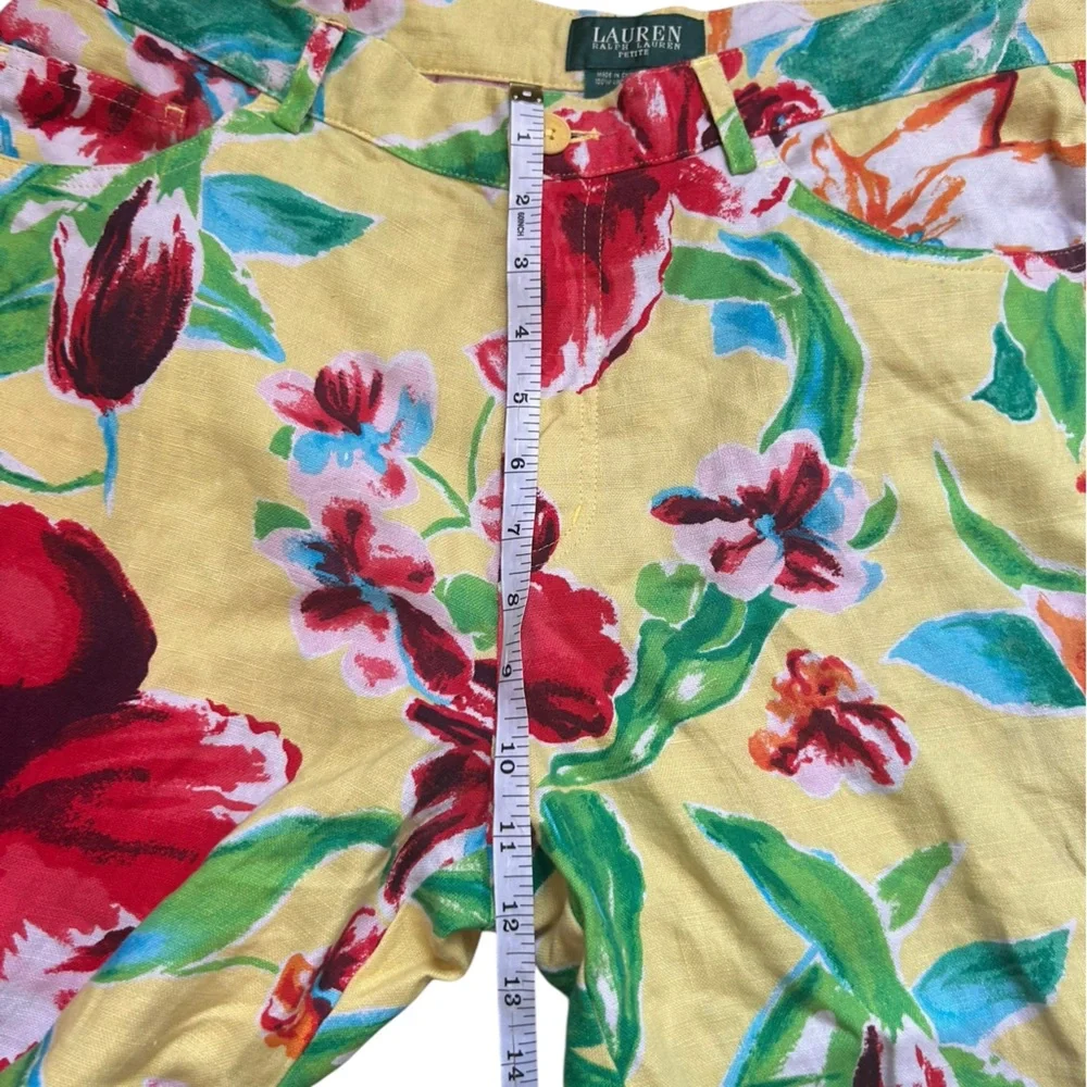 LRL Lauren Ralph Lauren‎ 100% Linen yellow floral cropped pants size 14P - Picture 5 of 7